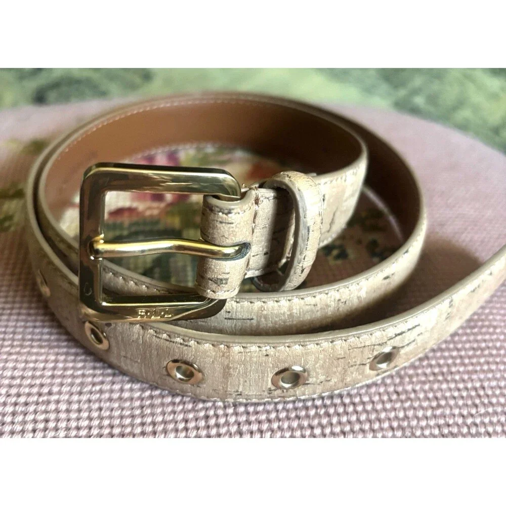 Vtg y2k Ralph Lauren Natural Cork Belt Gold LRL Engraved Logo Metal Buckle Sz S
